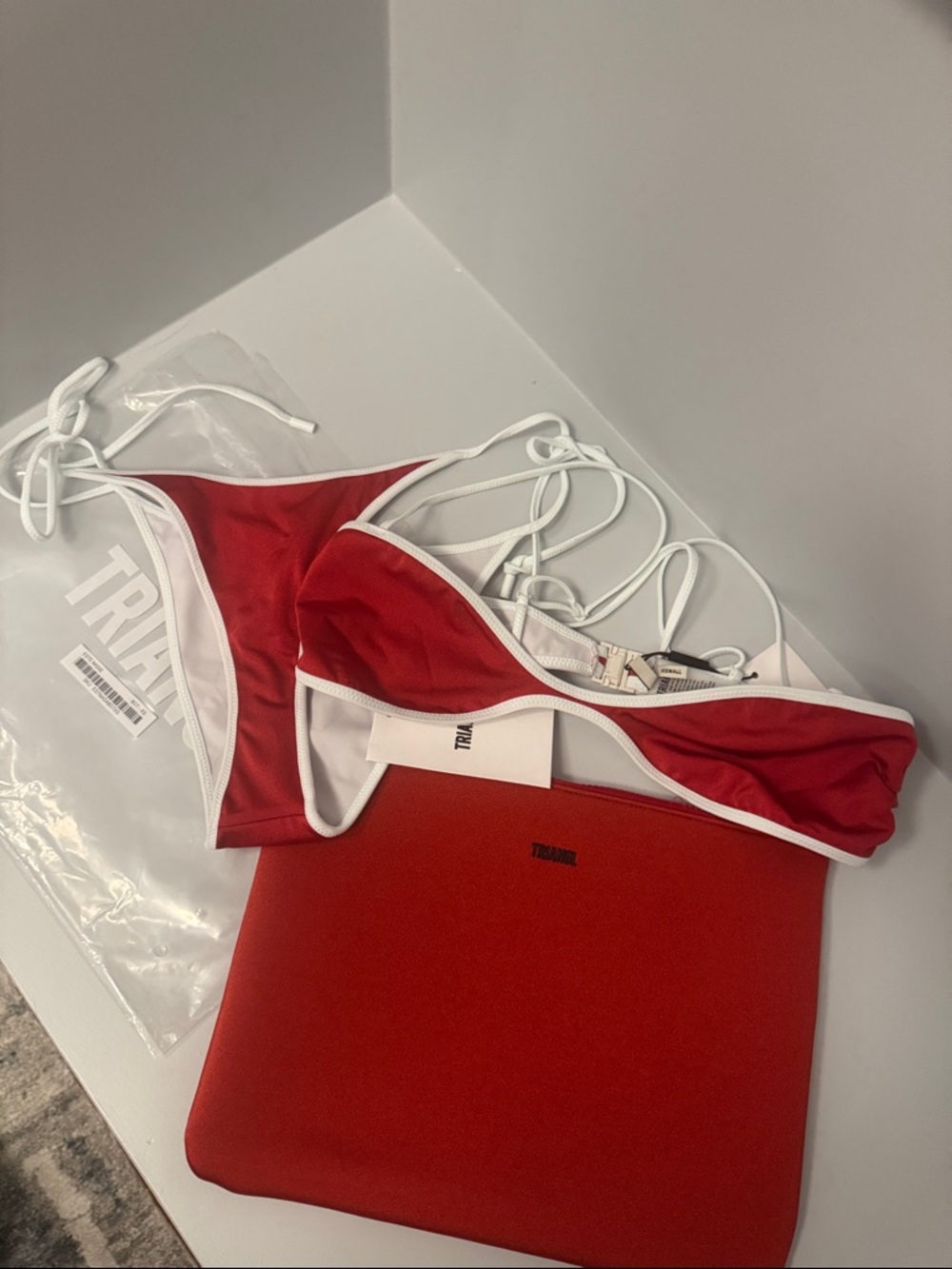 NEW w/ Tags & Pouch Triangl ESTE NASSE Red & White Scoop Crop Bikini Set Size XS